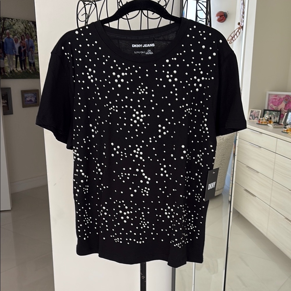 NWT DKNY Black Short Sleeve Tee with White Studs